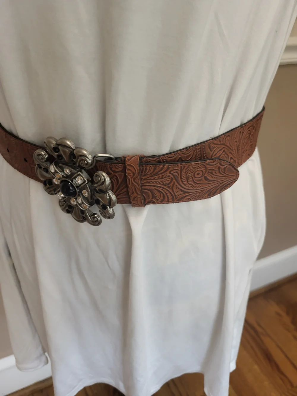 Brown Tooled Faux Leather Belt with Ornate Silver-Tone Rhinestone Buckle